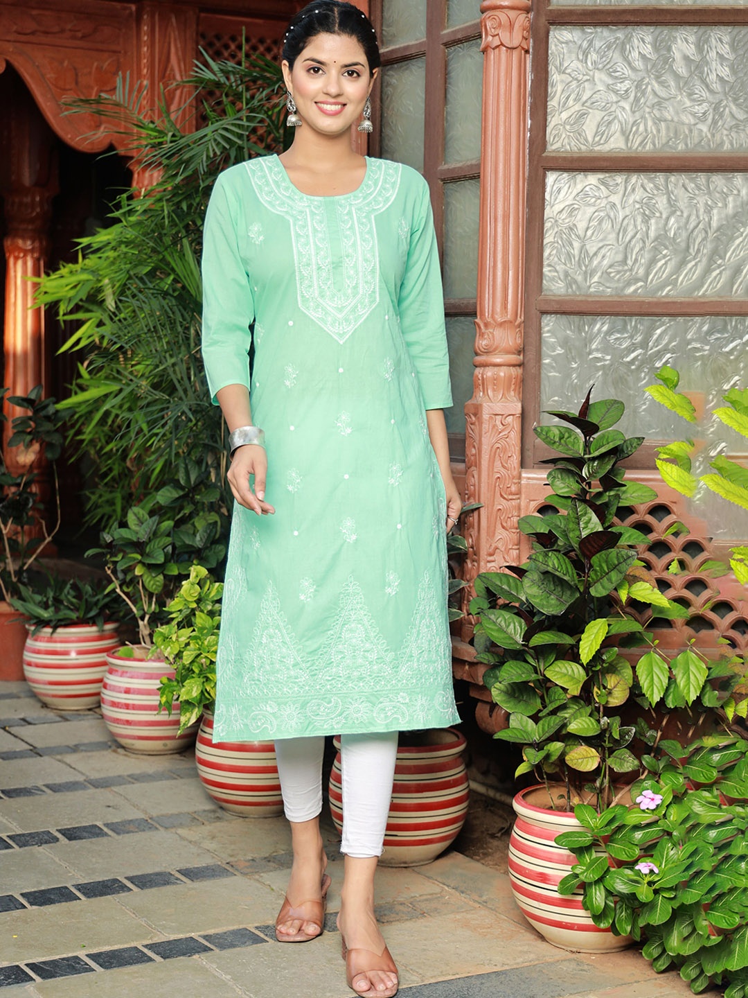 

ZARI Ethnic Motifs Printed Cotton Straight Kurta, Green