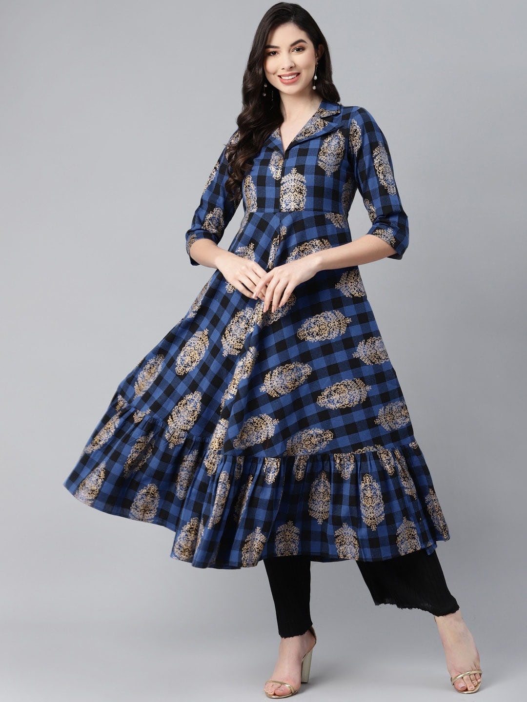 

KALINI Ethnic Motifs Printed Lapel Collar A-Line Kurta, Blue