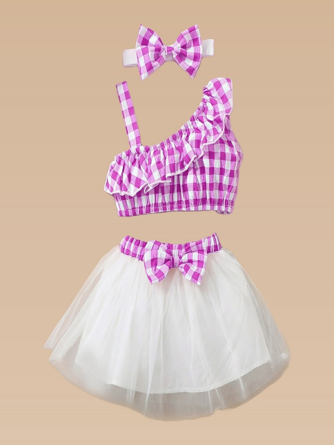 

BAESD Girls Checked One Shoulder Ruffles Pure Cotton Crop Top & Skirt With Headband, Purple