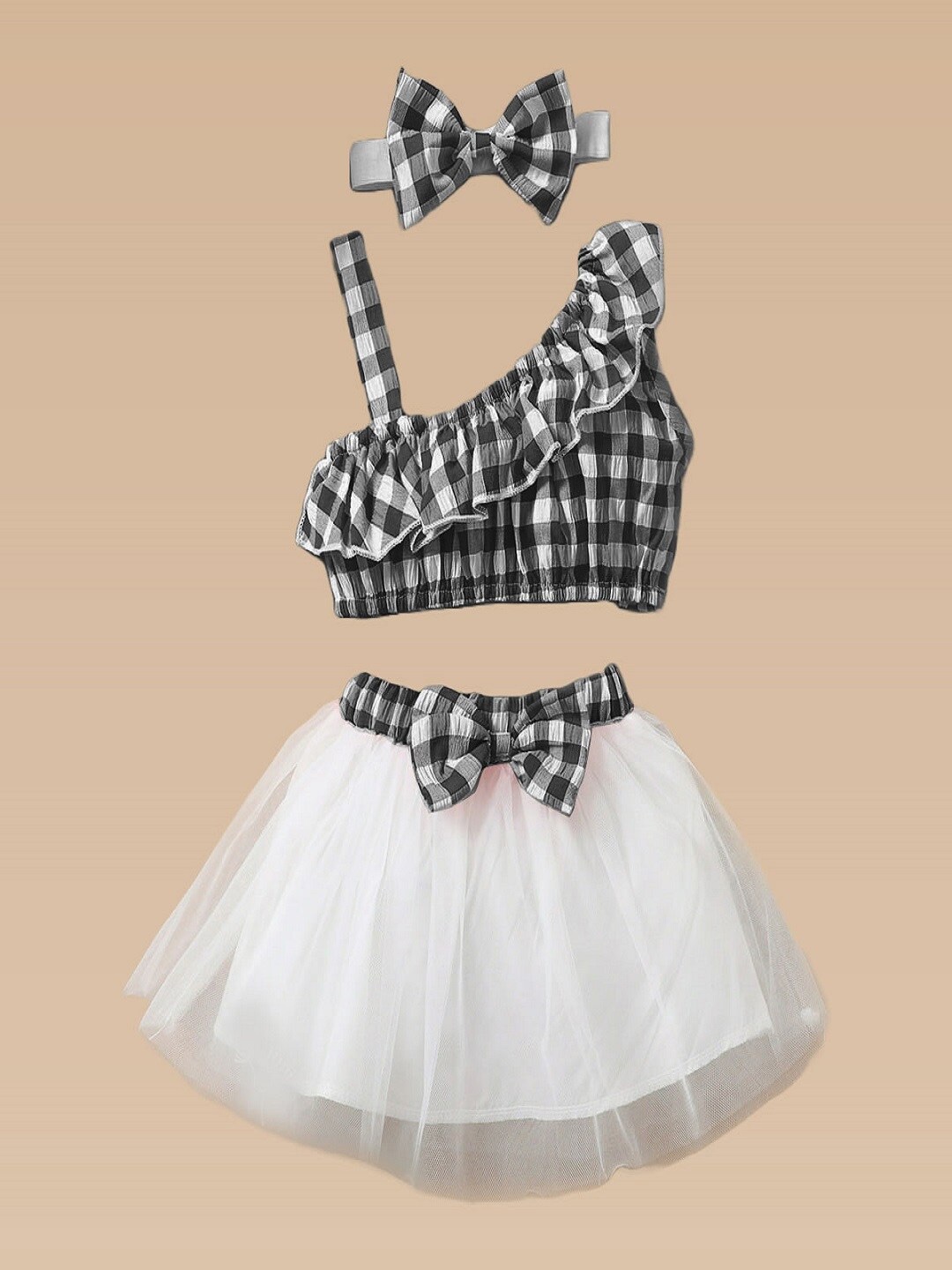 

BAESD Girls Checked Cotton Crop Top & Skirt With Hairband, Black