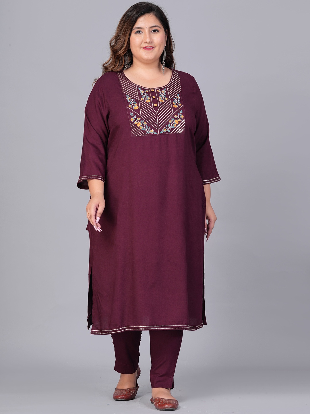 

BAESD Plus Size Ethnic Motifs Yoke Design Thread Work Straight Kurta With Trousers, Maroon