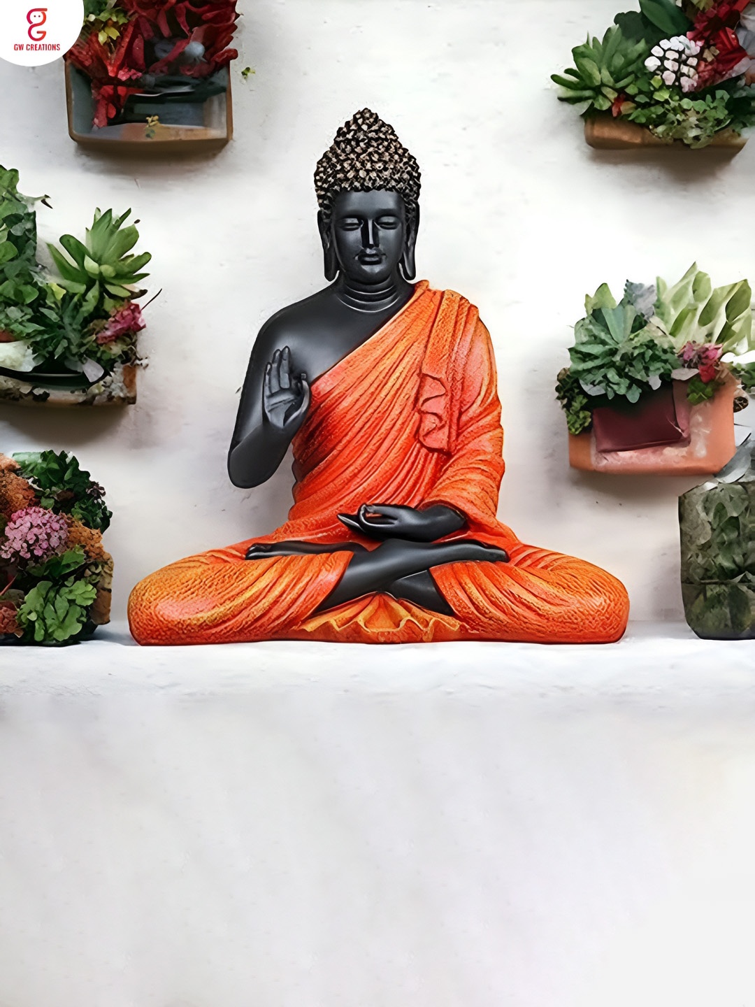 

GW CREATIONS Orange & Black Marble Large Size Meditating Buddha Idol Showpiece