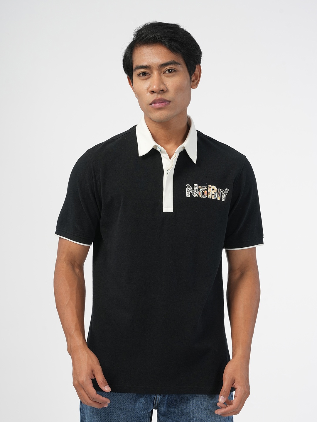 

NoBiY Typography Printed Polo Collar Bio Finish Pure Cotton T-shirt, Black