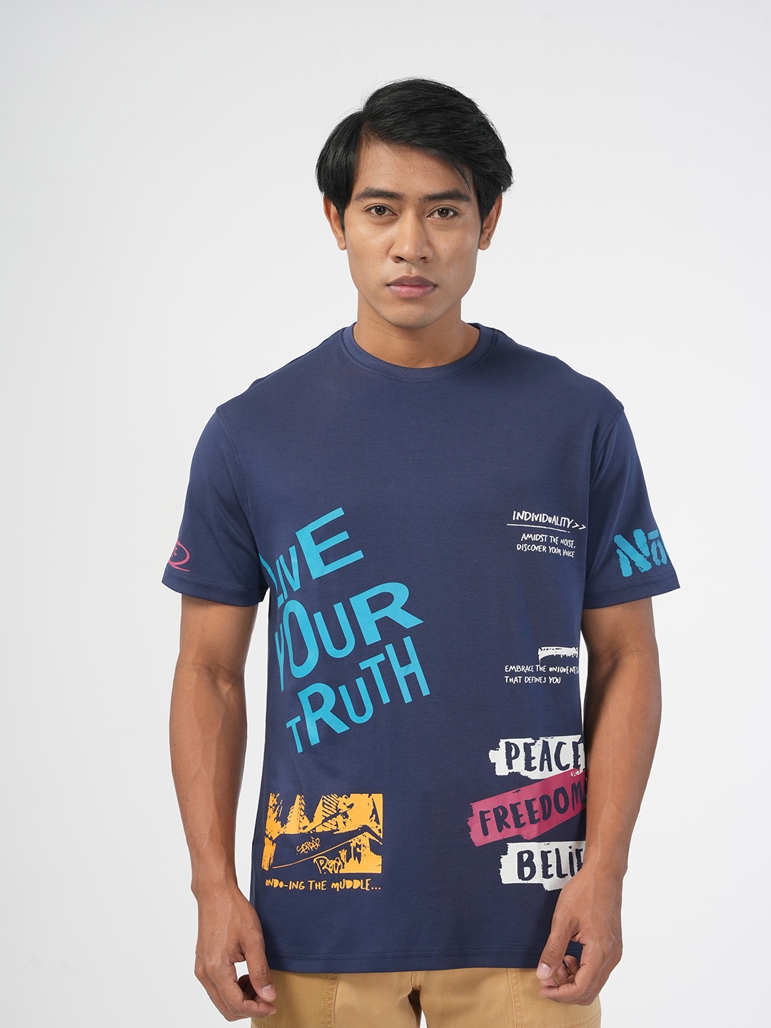 NoBiY Typography Printed Bio Finish Pure Cotton T-shirt, Navy blue