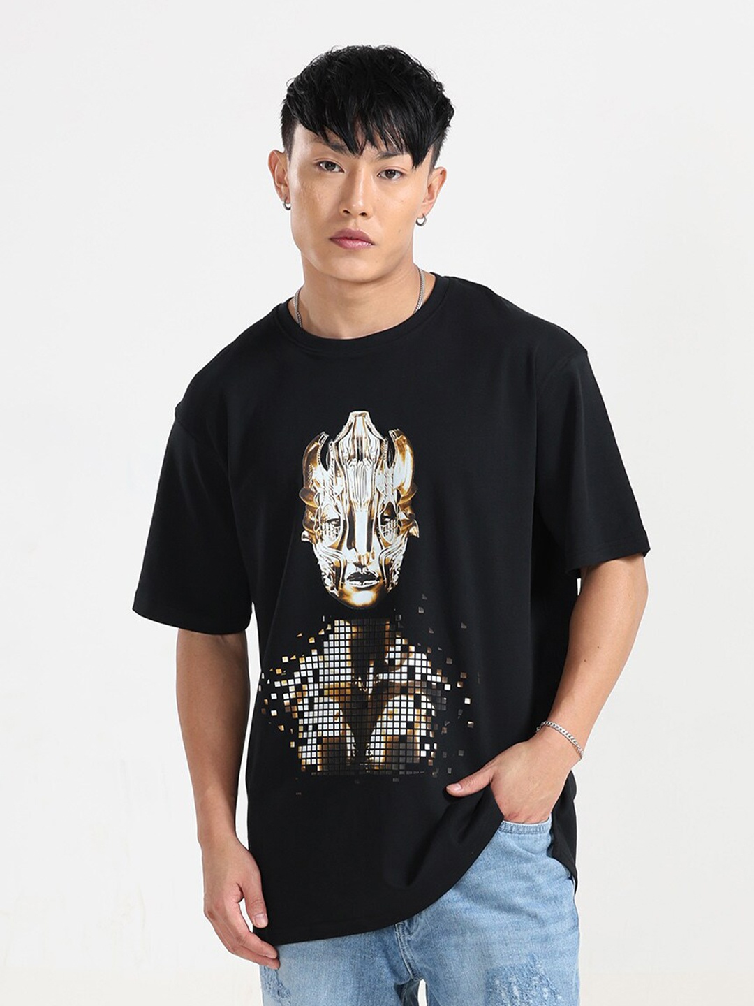 

NoBiY Graphic Printed Pure Cotton Bio Finish T-shirt, Black
