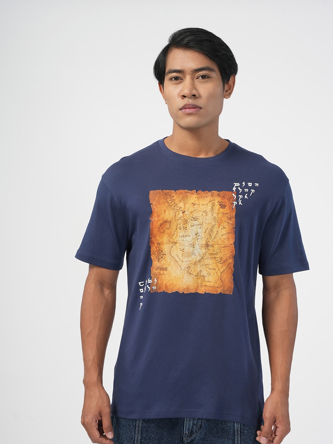 

NoBiY Map Printed Pure Cotton Bio Finish T-shirt, Navy blue