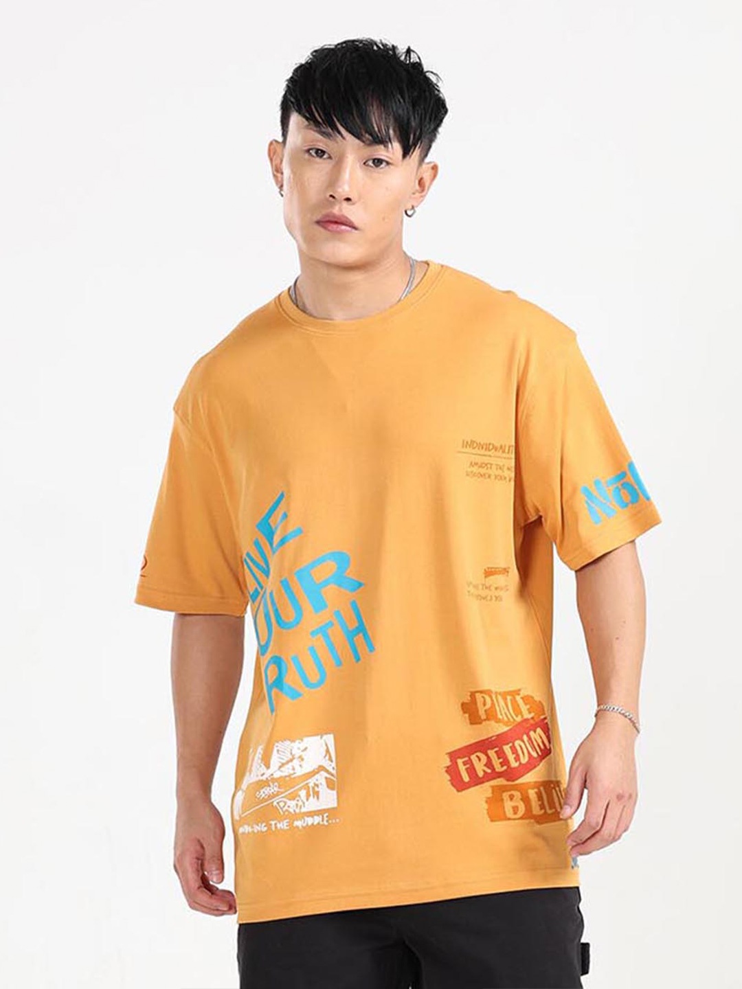 NoBiY Bio Finish Typography Printed Pure Cotton T-Shirt, Yellow
