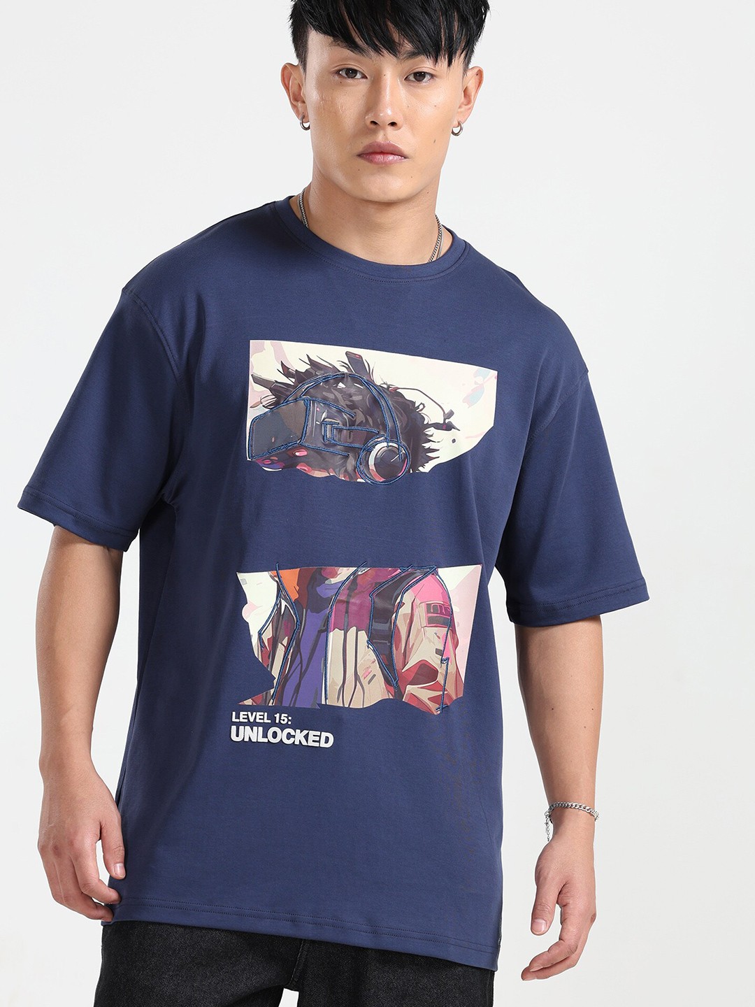 

NoBiY Graphic Printed Cotton Bio Finish T-Shirt, Navy blue
