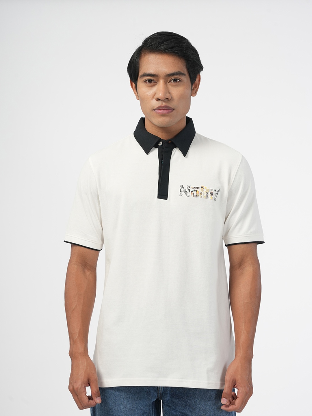 

NoBiY Typography Printed Bio Finish Polo Collar Pure Cotton T-shirt, White