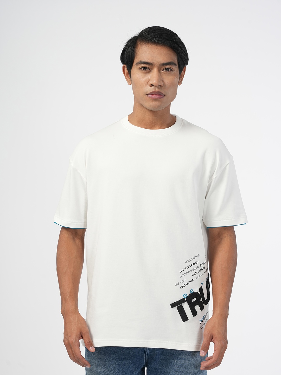

NoBiY Typography Printed Drop Shoulder Bio Finish Oversized Pure Cotton T-shirt, White