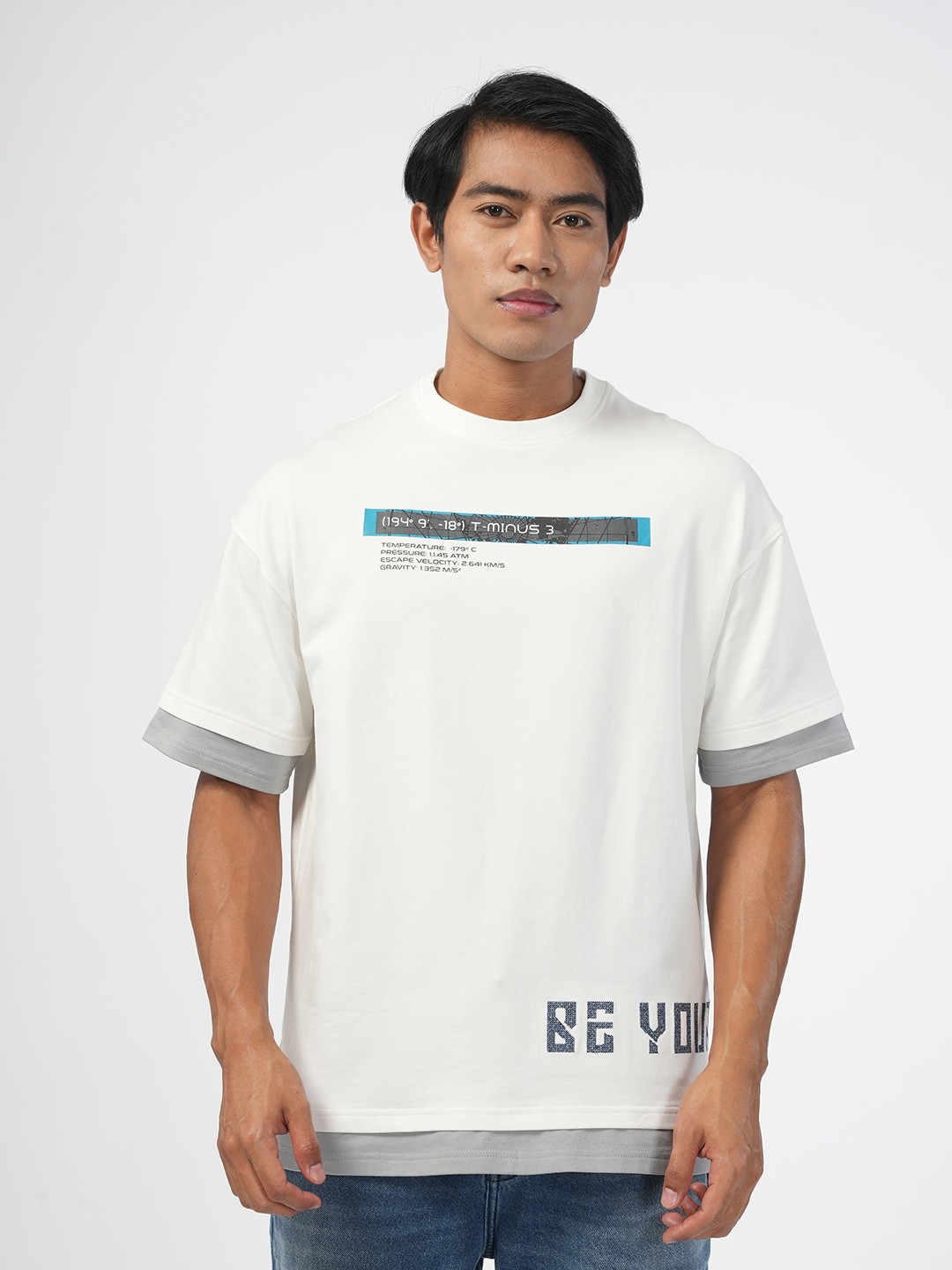

NoBiY Typography Printed Drop Shoulder Bio Finish Oversized Pure Cotton T-shirt, White