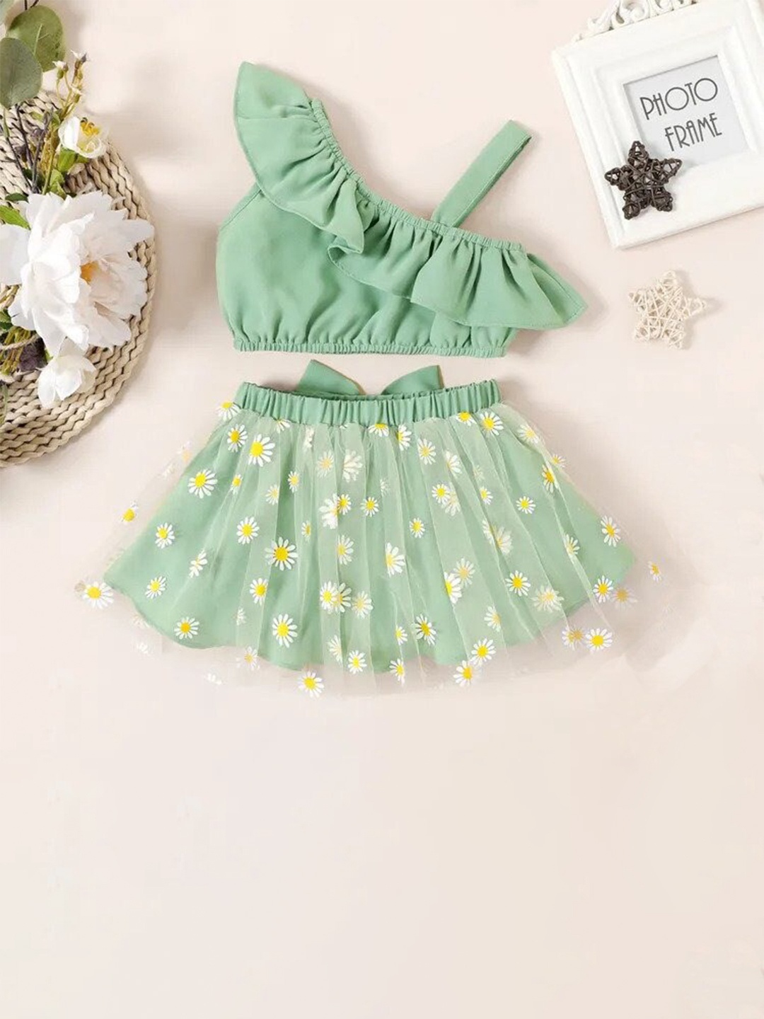 

BAESD Girls One Shoulder Ruffles Top with Skirt, Lime green