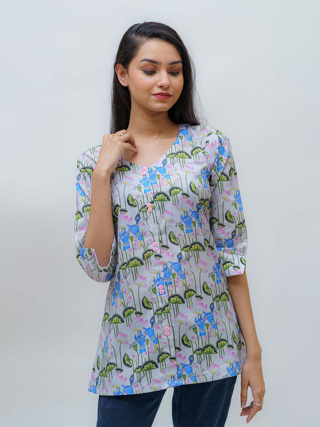 

TSUCCHI TRADITIONS Floral Printed Pure Cotton Celestial Elegance Pichwai A Line Kurti, Grey