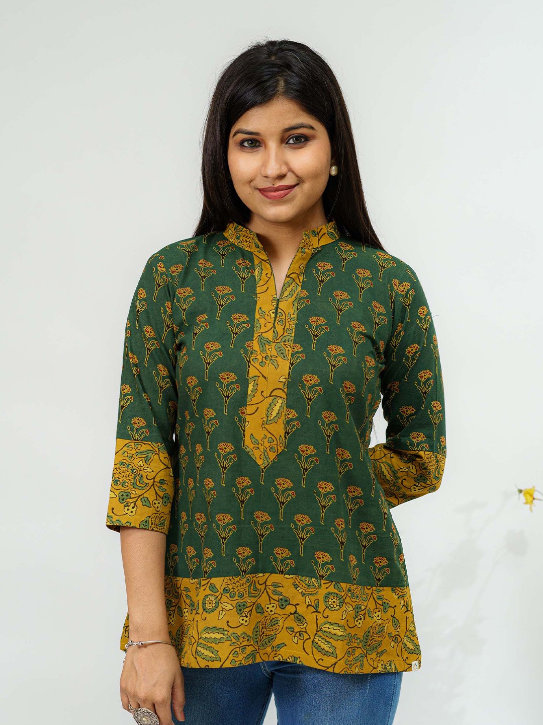 

TSUCCHI TRADITIONS Ethnic Motifs Printed Pure Cotton Forest Honey Ajrakh A Line Kurti, Green