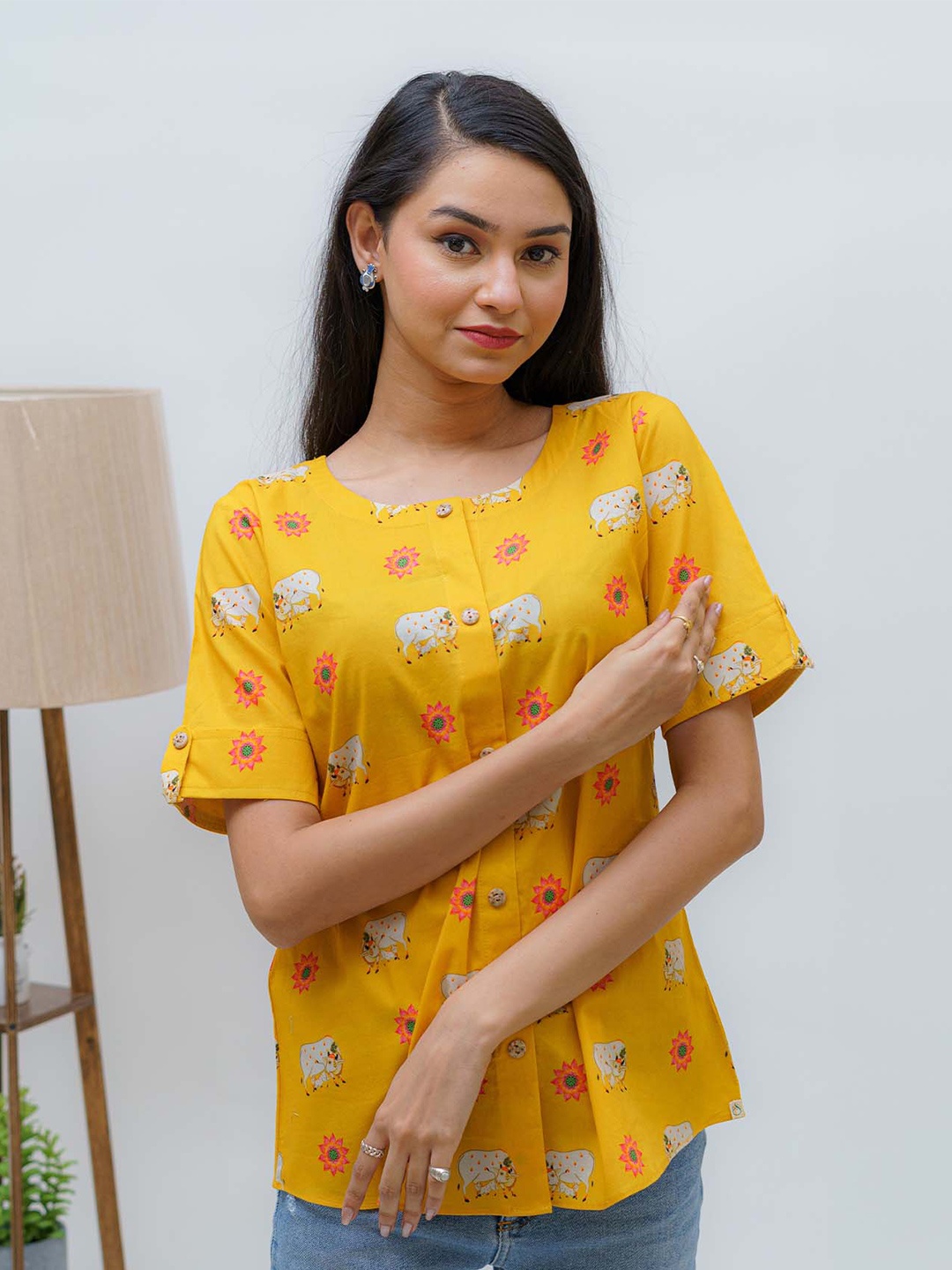 

TSUCCHI TRADITIONS Printed Pure Cotton A-Line Eternal Bond Pichwai Kurti, Yellow