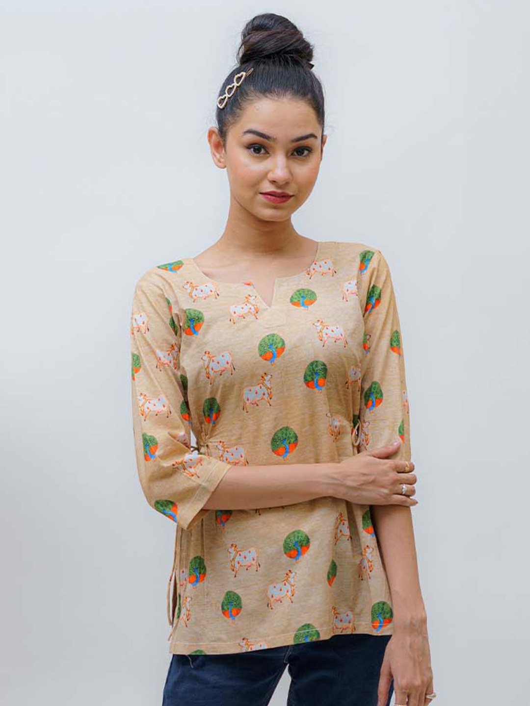 

TSUCCHI TRADITIONS Pure Cotton Golden Peacock's Majestic Glory Pichwai Short Kurti, Beige