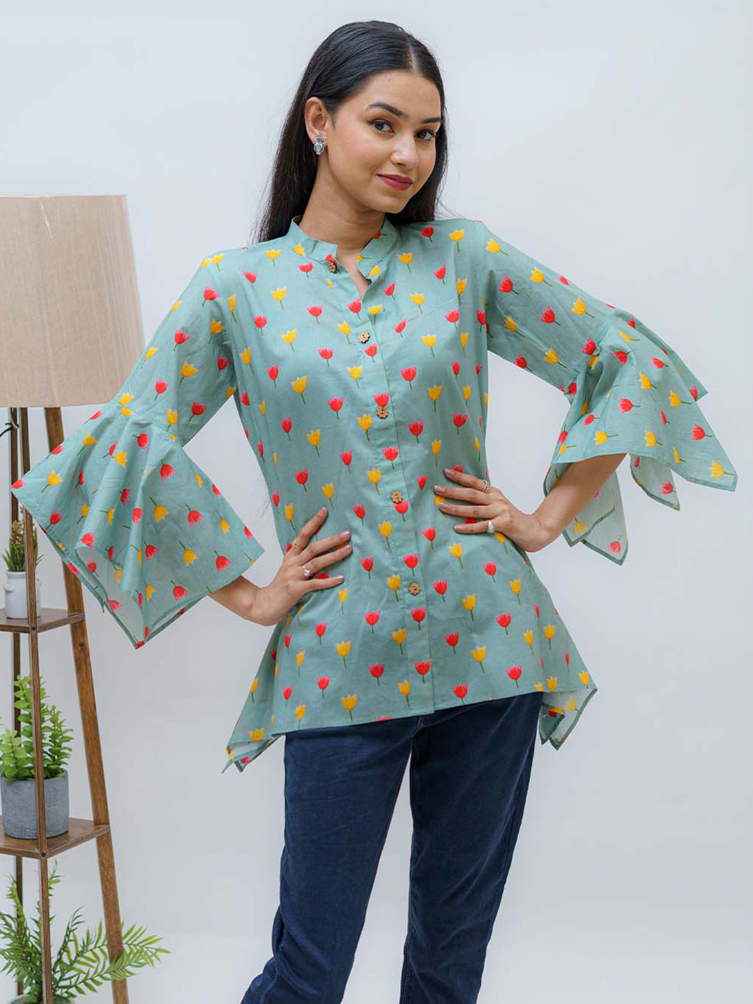 

TSUCCHI TRADITIONS Ethnic Motifs Printed Cotton Bright & Blissful Pichwai A Line Kurti, Green
