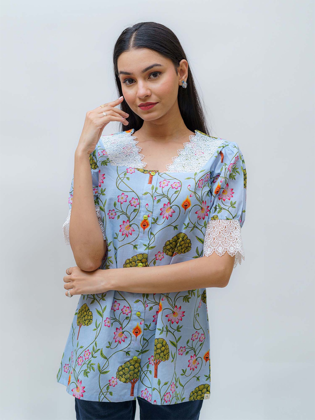 

TSUCCHI TRADITIONS Floral Printed Pure Cotton A Line Kurti, Blue