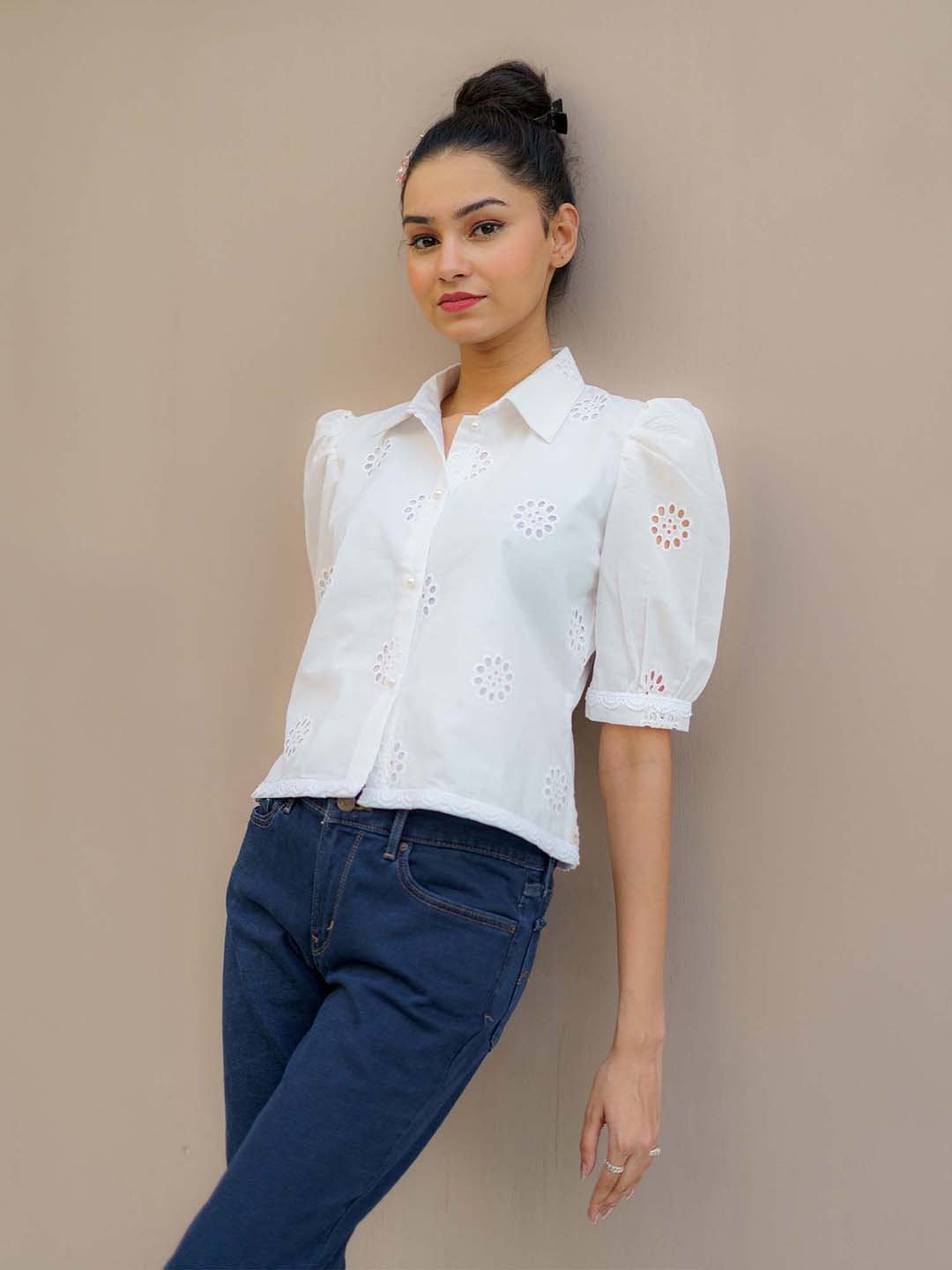 

TSUCCHI TRADITIONS Self Design Puff Sleeves Pure Cotton Schiffli Detail Shirt Style Top, White