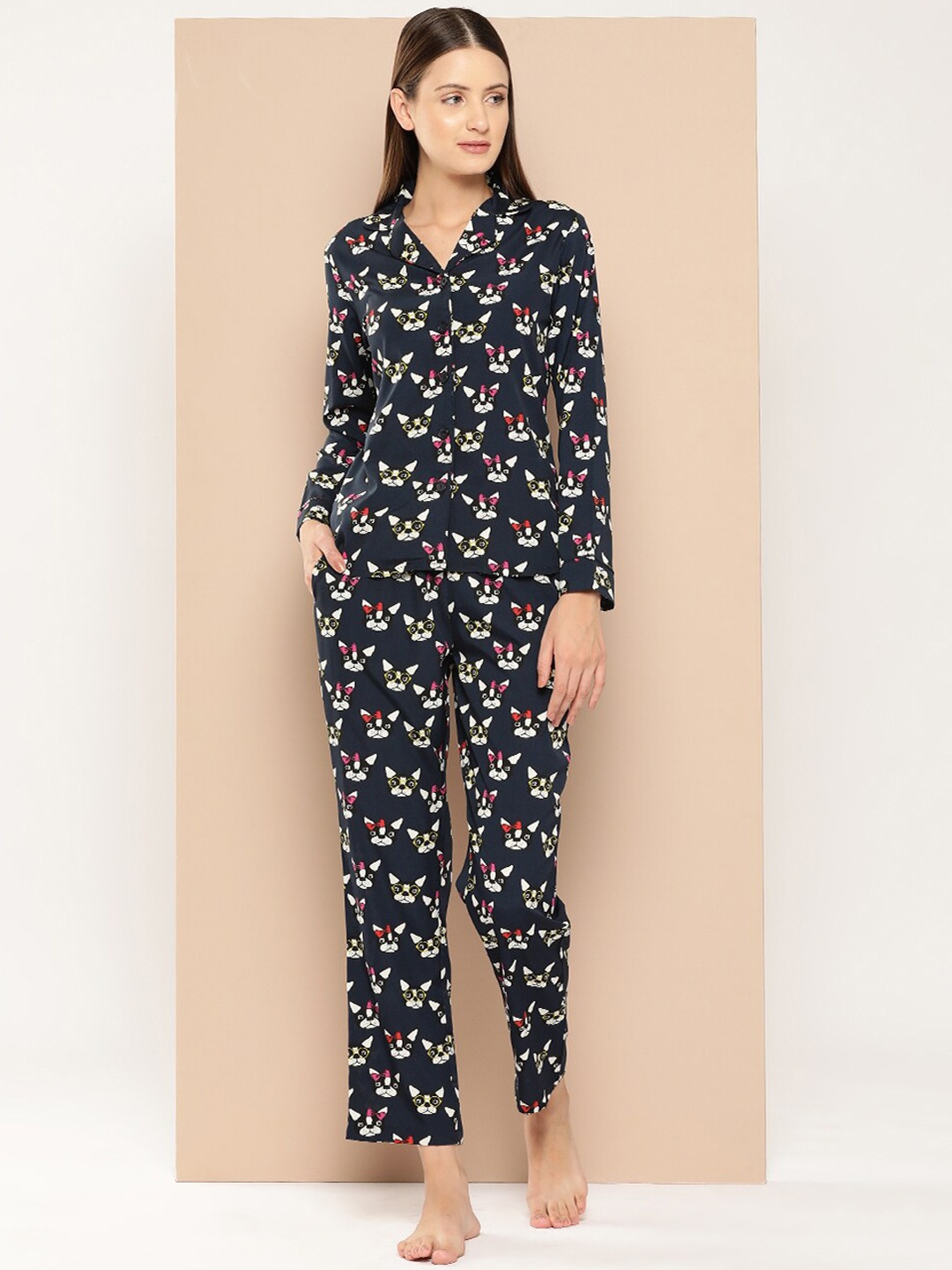 

WISSTLER Conversational Printed Night Suit, Navy blue