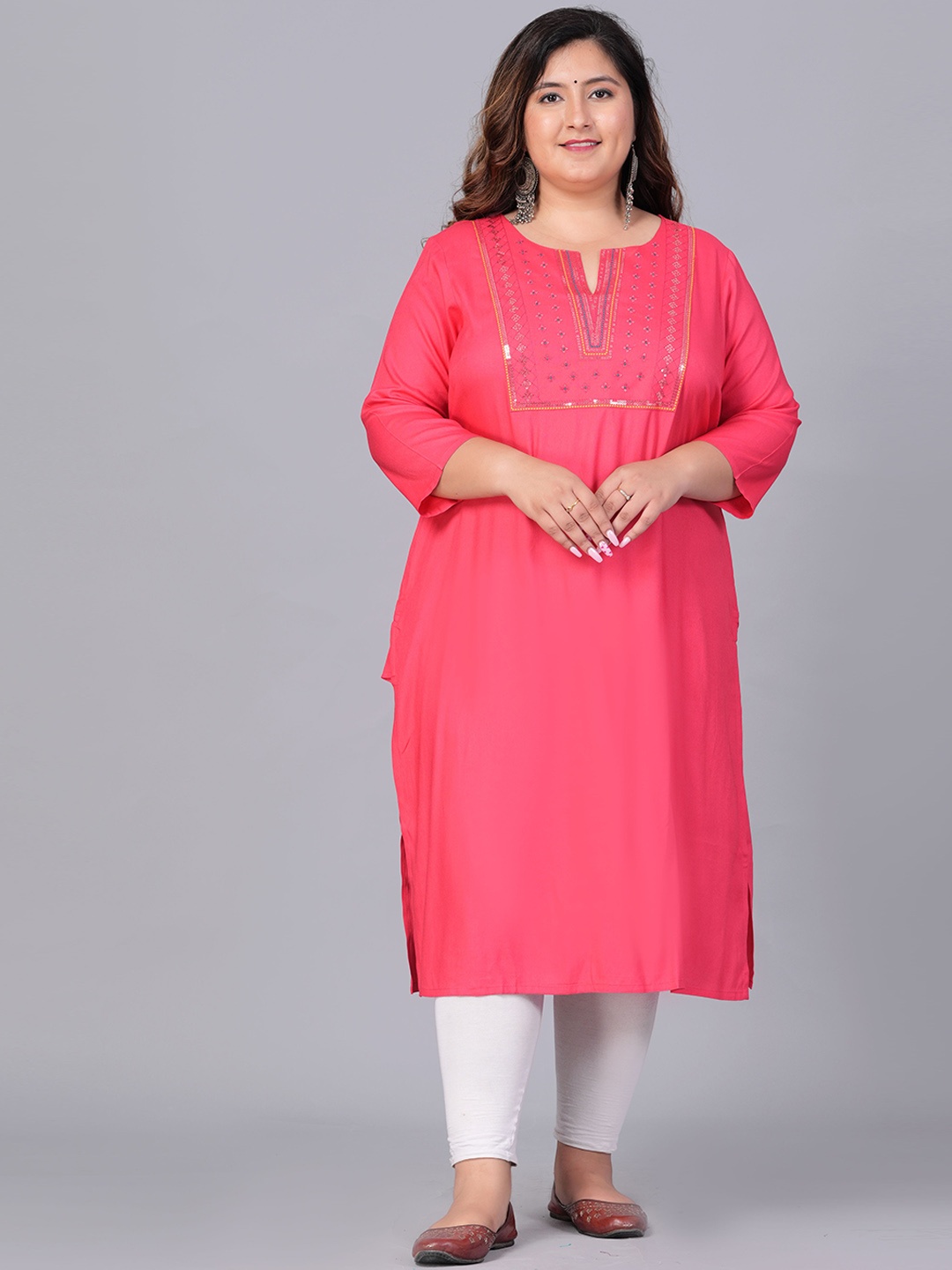 

BAESD Plus Size Ethnic Motifs Yoke Design Sequinned Straight Kurta, Pink