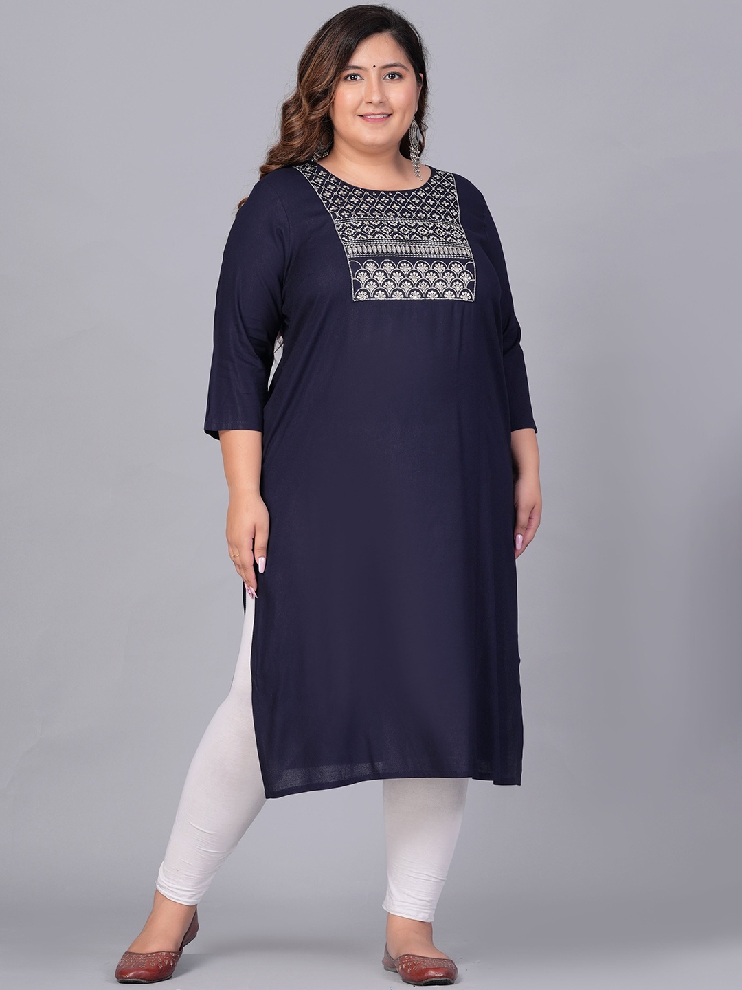 

BAESD Plus Size Ethnic Motifs Yoke Design Sequinned Straight Kurta, Navy blue