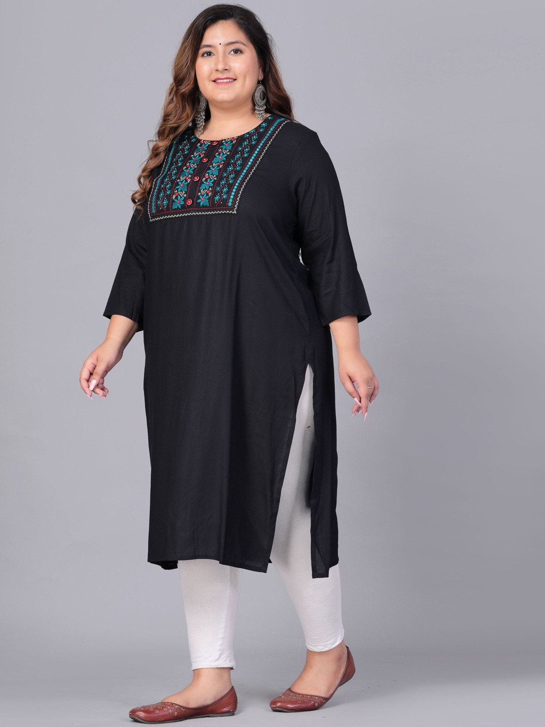 

BAESD Plus Size Floral Yoke Design Mirror Work Straight Kurta, Black