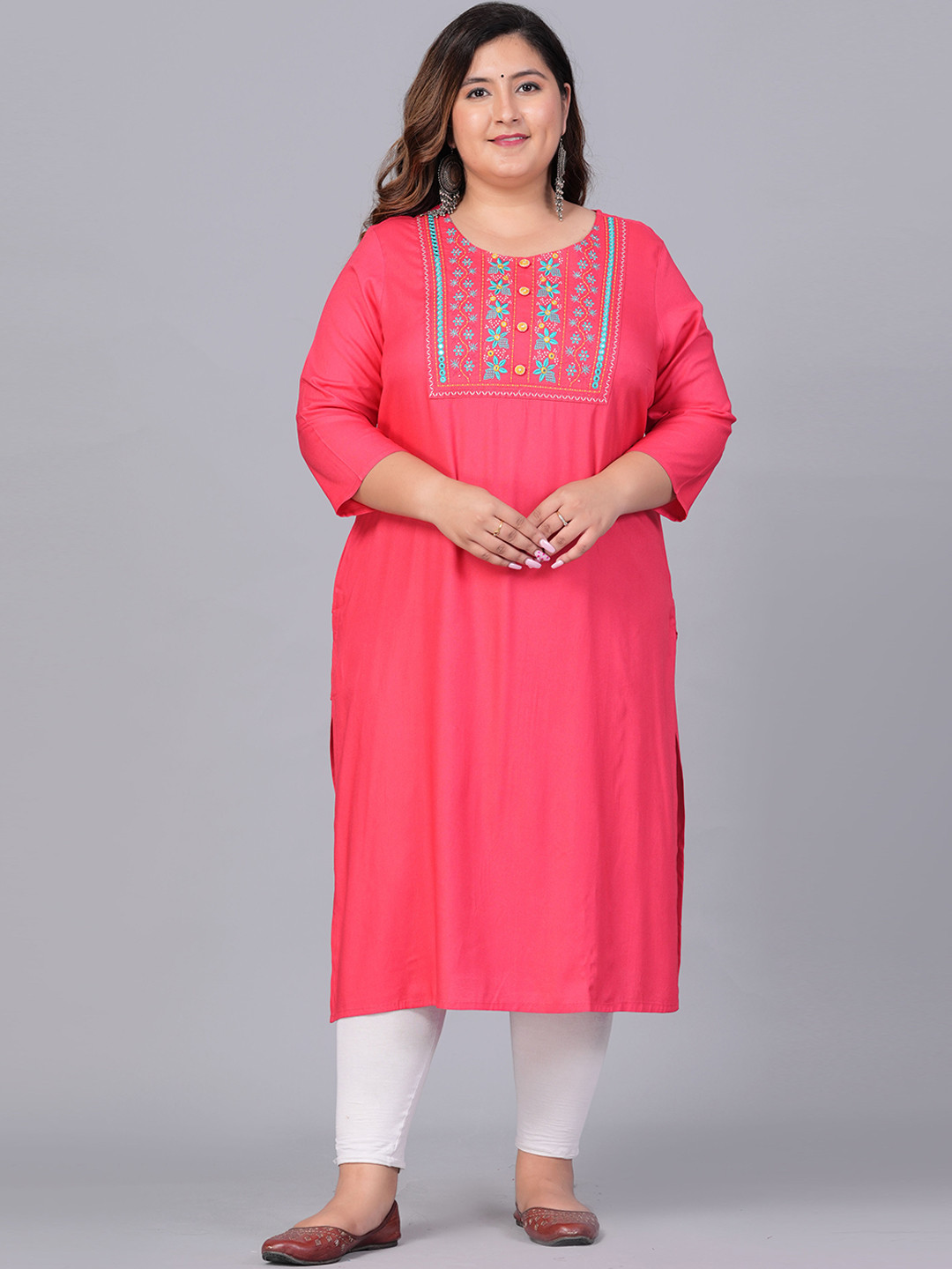 

BAESD Plus Size Ethnic Motifs Yoke Design Mirror Work Straight Kurta, Pink