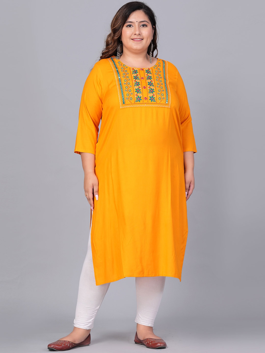 

BAESD Plus Size Floral Yoke Design Embroidered Straight Kurta, Mustard