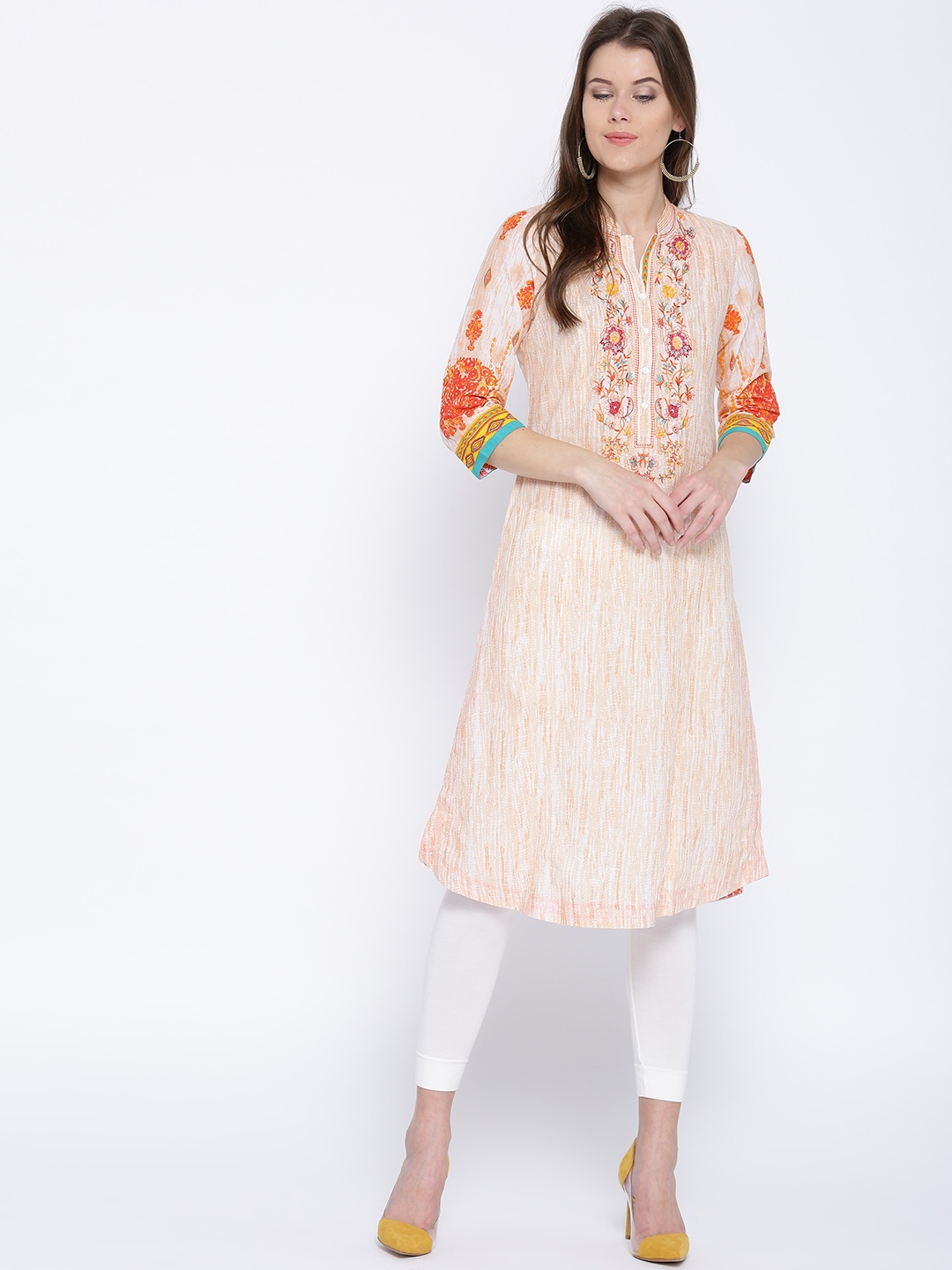 

Rangriti Women Peach-Coloured Printed Straight Kurta