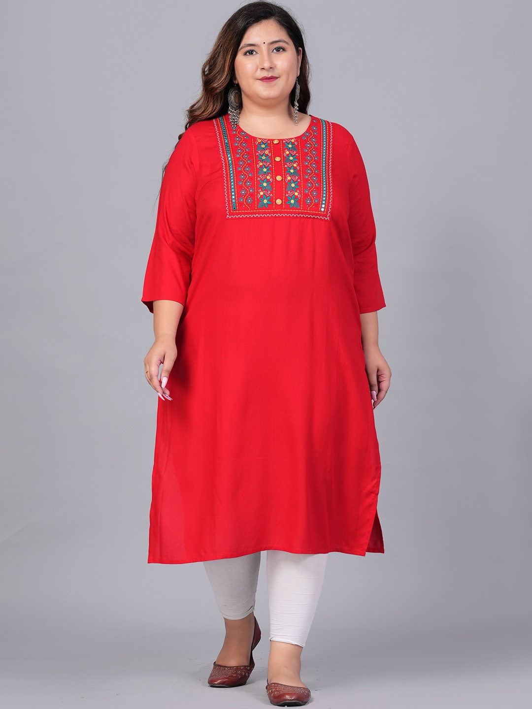 

BAESD Plus Size Floral Yoke Design Mirror Work Straight Kurta, Red