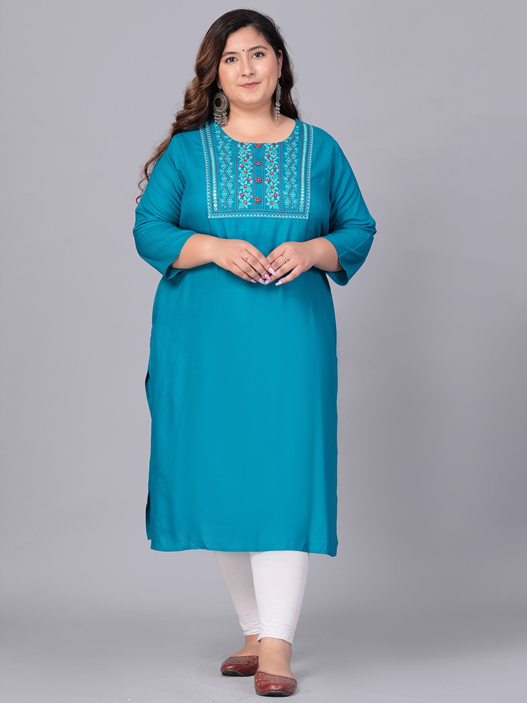 

BAESD Plus Size Floral Embroidered Mirror Work Straight Kurta, Turquoise blue