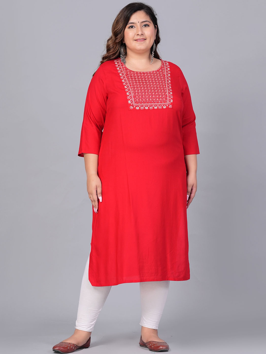 

BAESD Plus Size Floral Yoke Design Embroidered Straight Kurta, Red