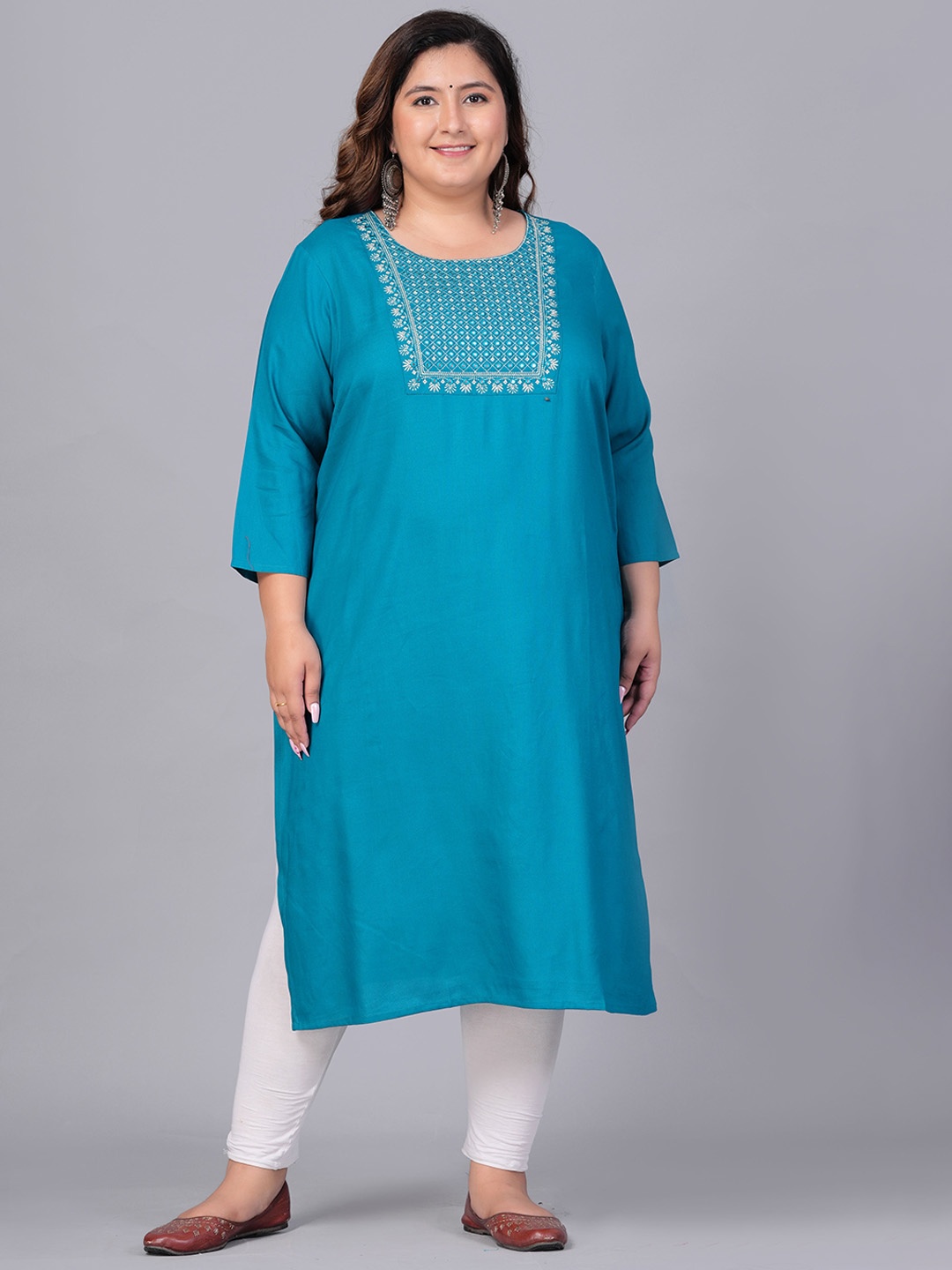 

BAESD Plus Size Floral Yoke Design Embroidered Straight Kurta, Turquoise blue