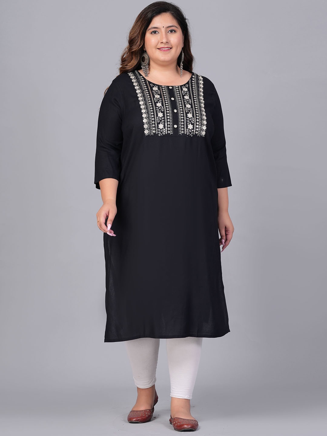 

BAESD Plus Size Floral Yoke Design Thread Work Straight Kurta, Black