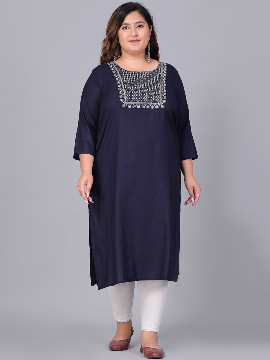 

BAESD Plus Size Floral Yoke Design Round Neck Thread Work Straight Kurta, Navy blue