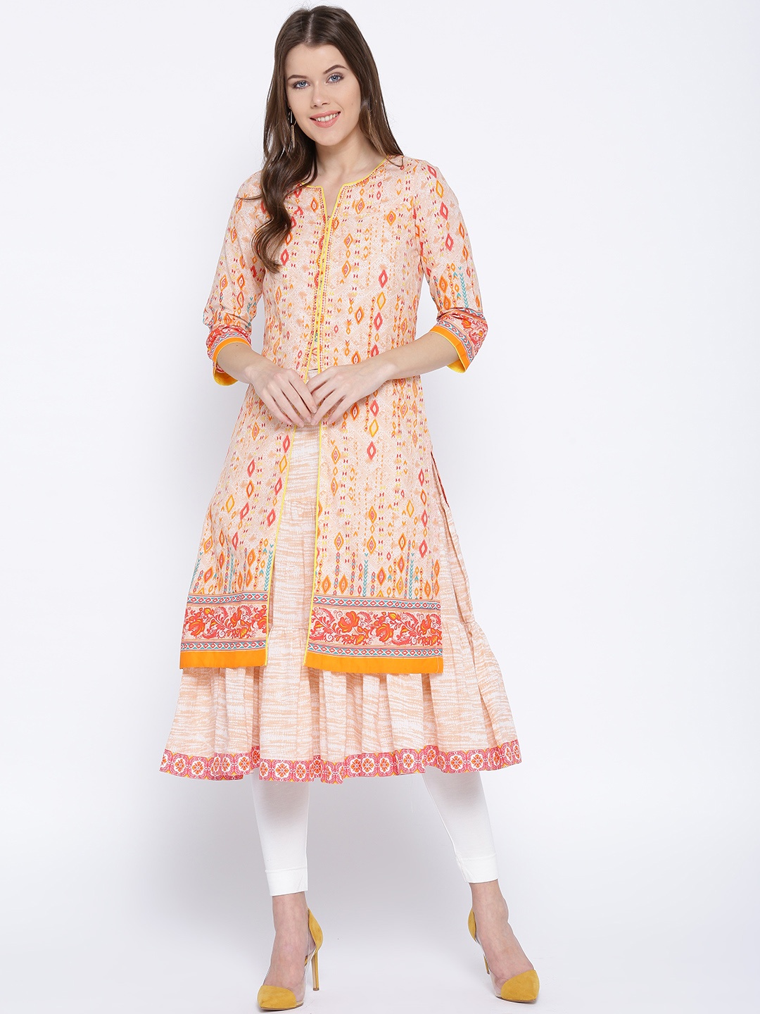 

Rangriti Women Peach-Coloured Printed Layered Anarkali Kurta