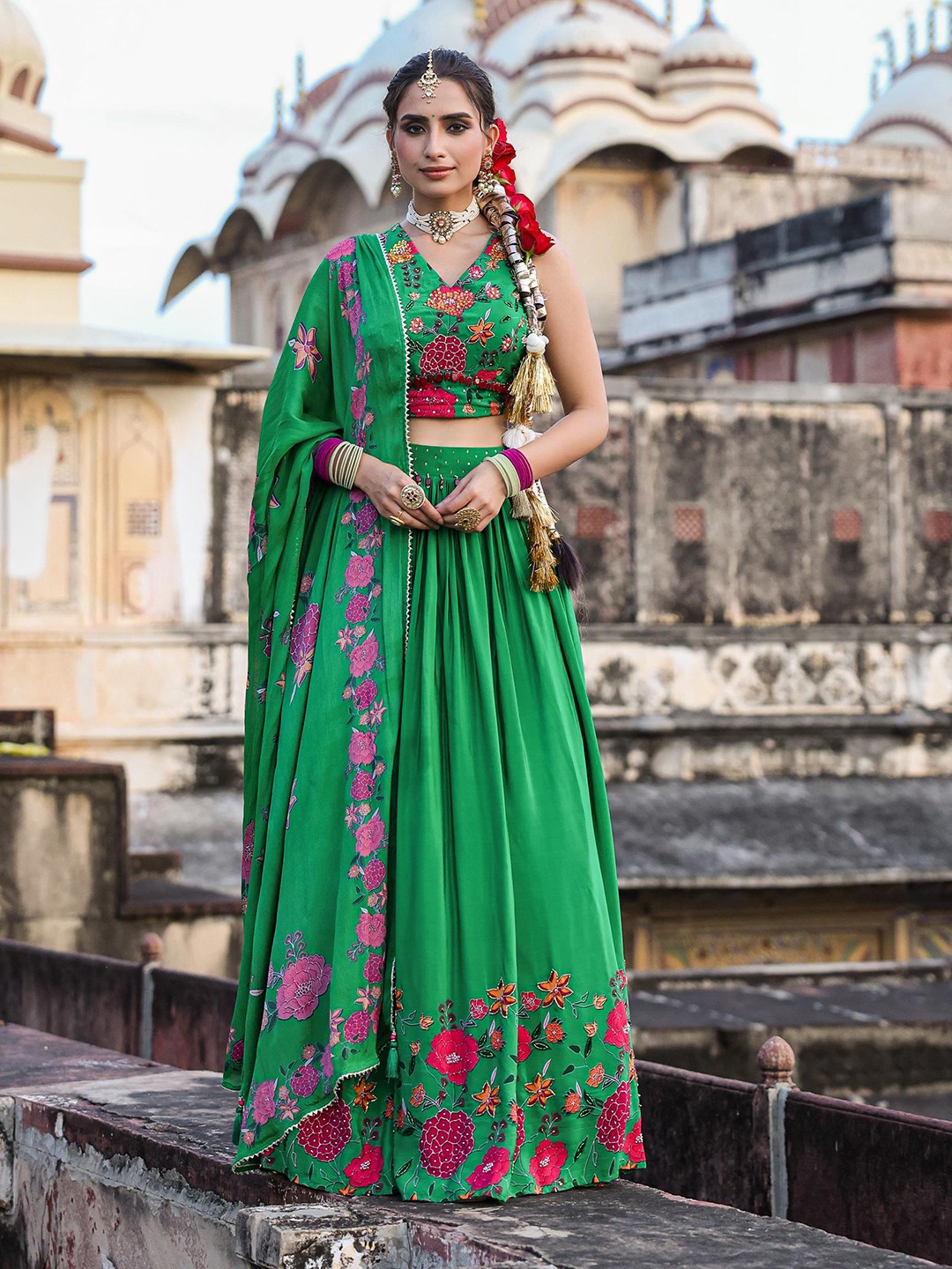 

SCAKHI Printed Beads & Stones Ready To Wear Lehenga & Blouse With Dupatta, Green