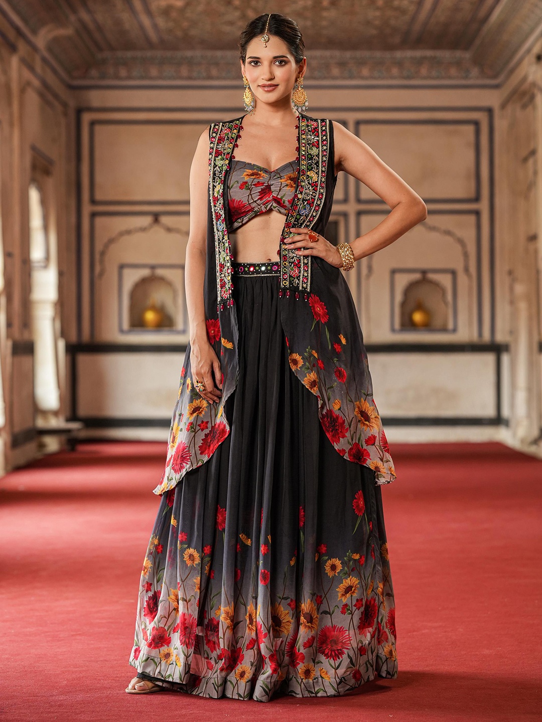 

SCAKHI Printed Ready To Wear Lehenga & Choli, Black