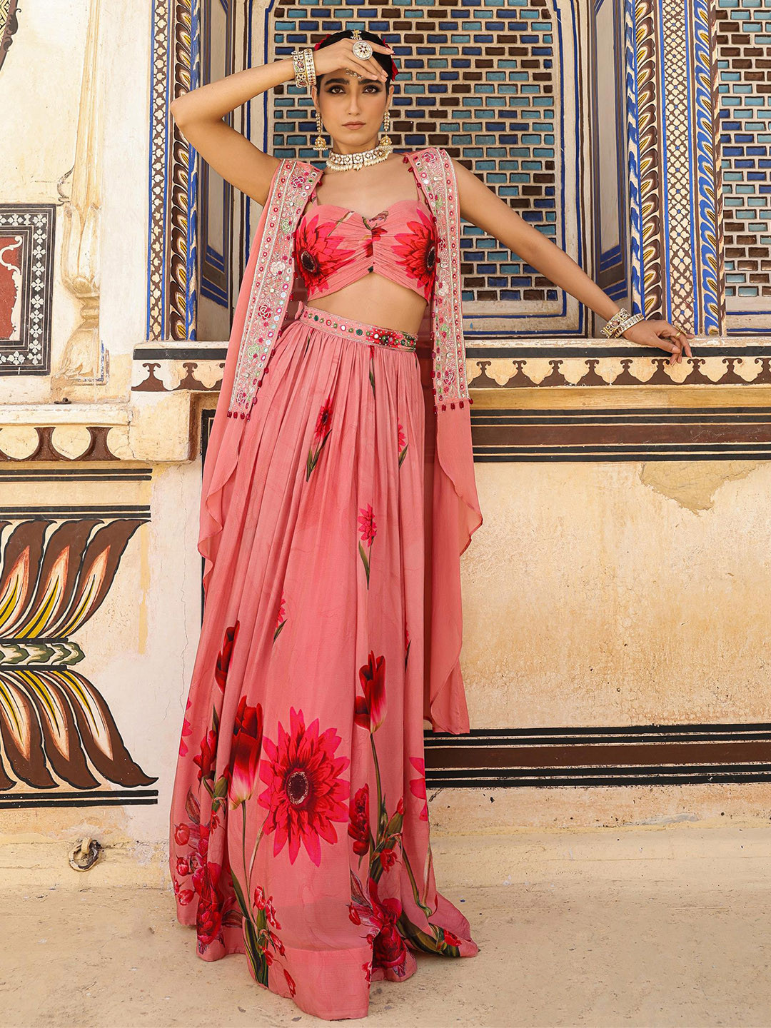 

SCAKHI Printed Mirror Work Ready To Wear Lehenga & Choli, Pink
