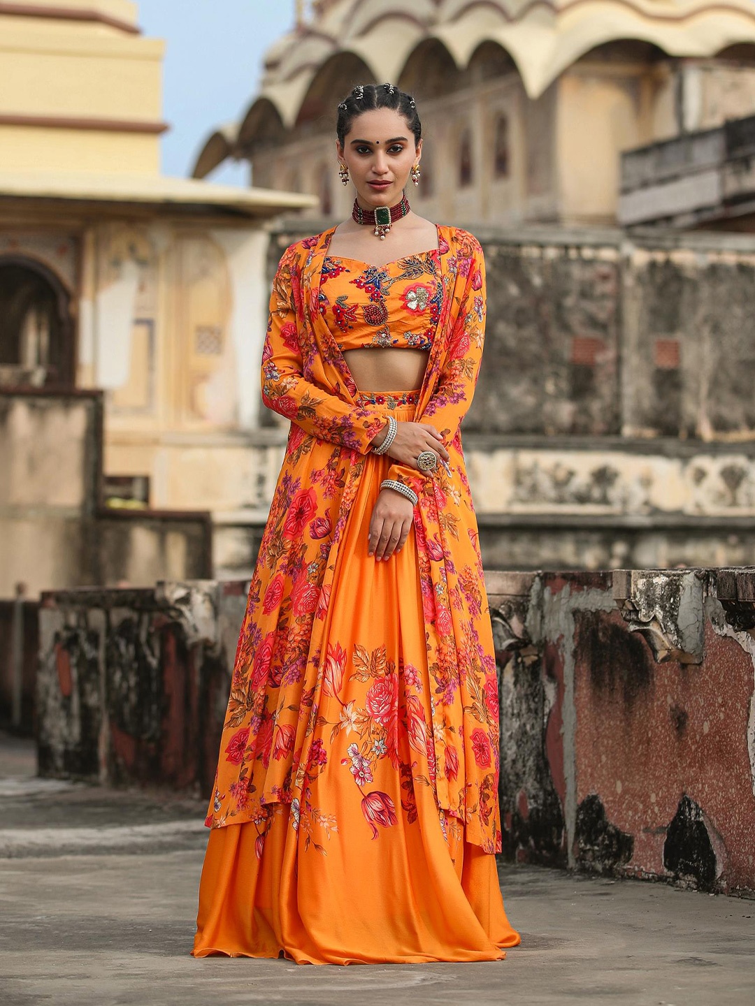 

SCAKHI Printed Beads And Stones Ready To Wear Lehenga & Choli, Orange