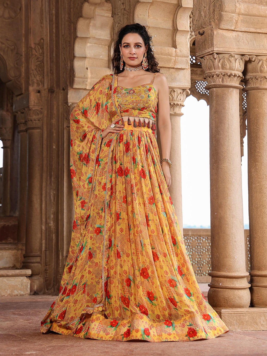 

SCAKHI Floral Printed Beads and Stones Ready to Wear Lehenga & Blouse Dupatta, Mustard