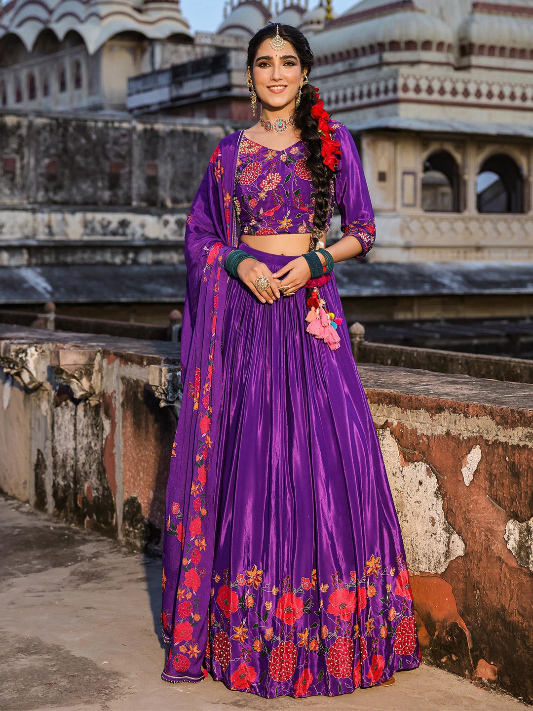

SCAKHI Printed Beads and Stones Ready to Wear Lehenga & Blouse With Dupatta, Purple