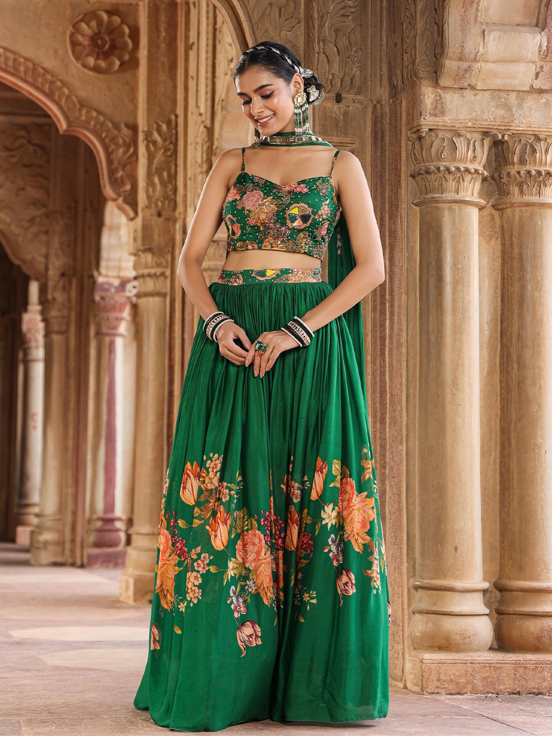 

SCAKHI Printed Beads and Stones Ready to Wear Lehenga & Blouse With Dupatta, Green