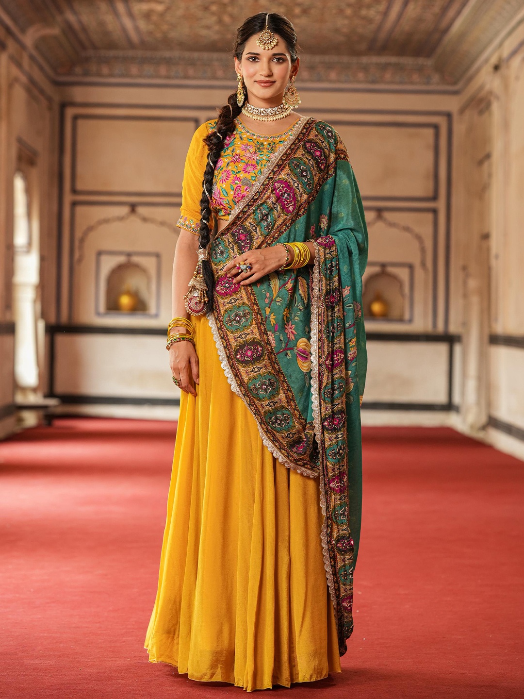 

SCAKHI Embroidered Thread Work Ready to Wear Lehenga & Blouse With Dupatta, Yellow
