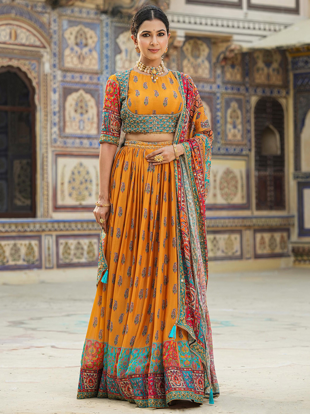 

SCAKHI Printed Beads and Stones Block Print Ready to Wear Lehenga & Blouse With Dupatta, Mustard