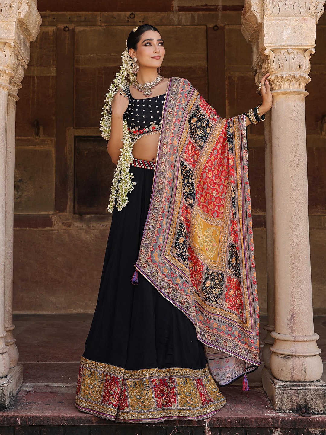 

SCAKHI Embellished Mirror Work Kalamkari Ready to Wear Lehenga & Blouse With Dupatta, Black
