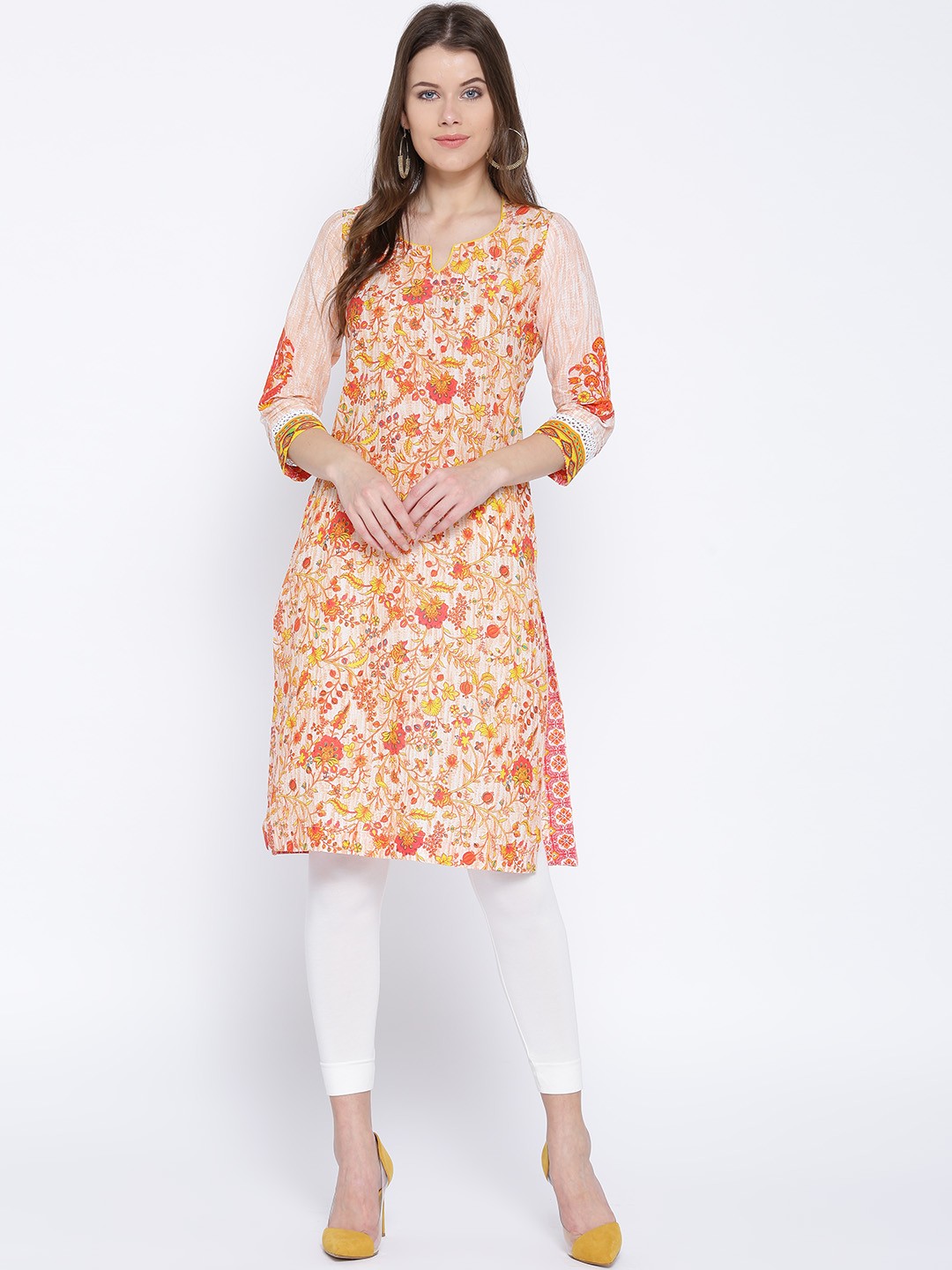

Rangriti Women Peach-Coloured & Red Printed Straight Kurta