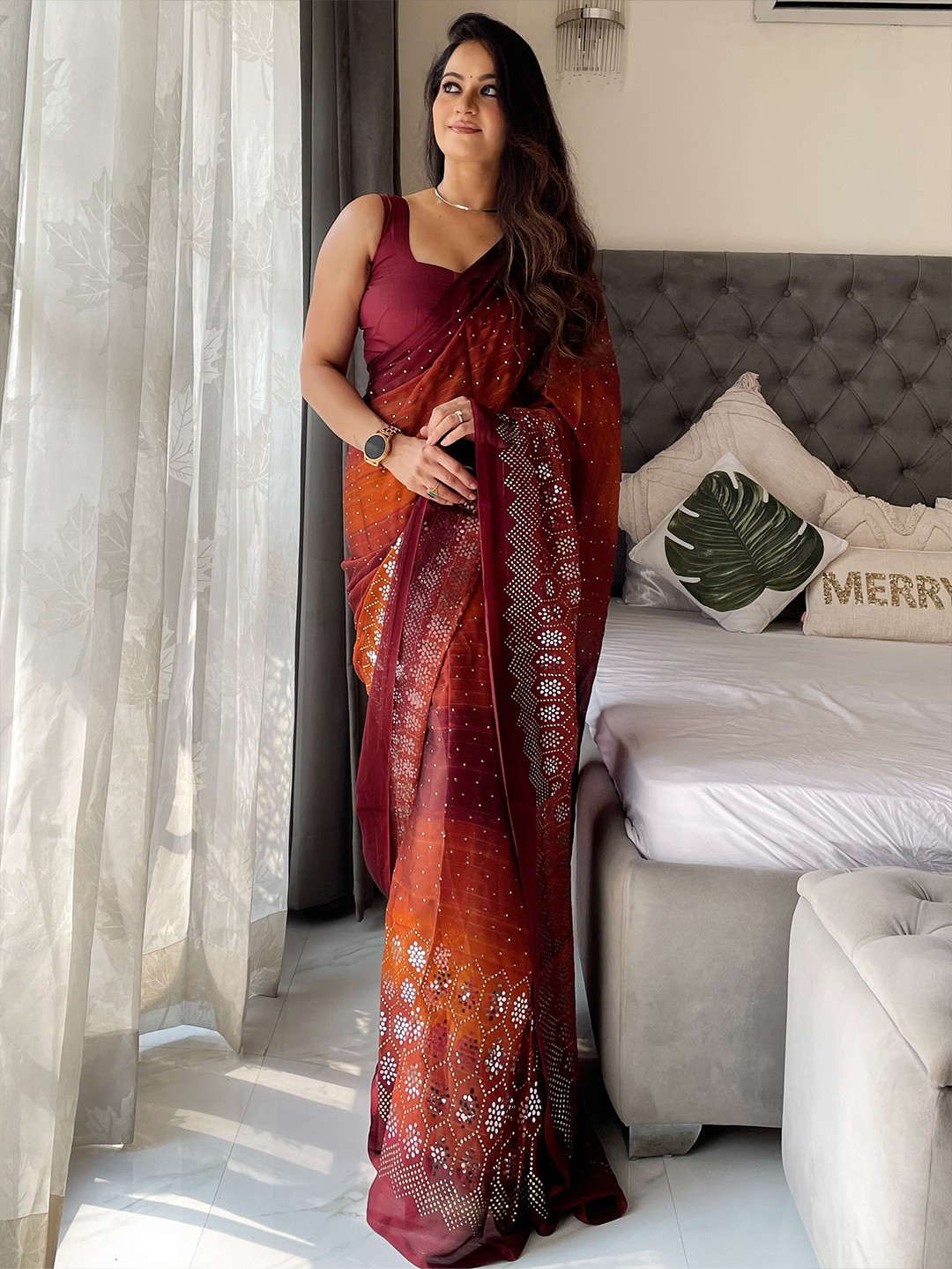 

Anouk Striped Embellished Saree, Maroon