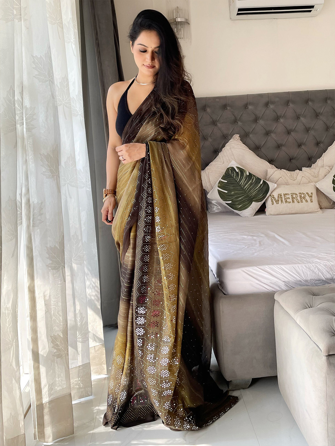

Anouk Striped Embellished Saree, Brown